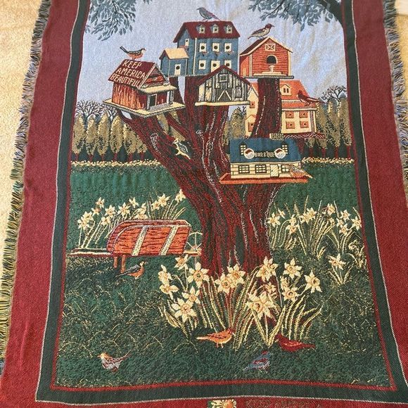 Tapestry Woven Americana Birdhouses Blanket very colorful - Picture 1 of 7